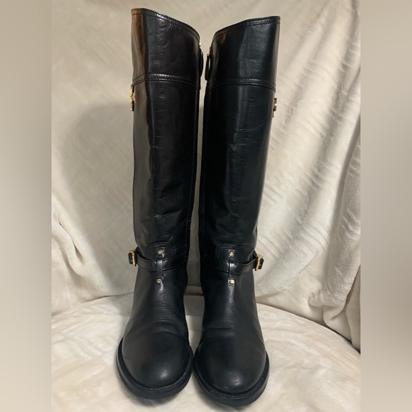 Tory Burch Black Heeled Boots with Gold Accents - Picture 4 of 5